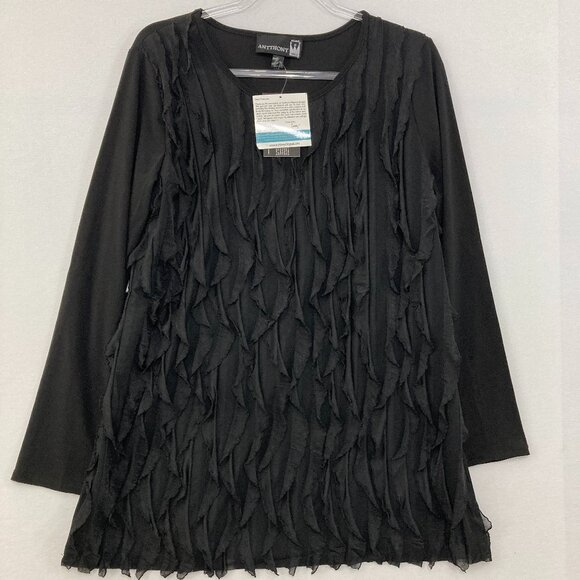 New Antthony Large Black Ruffle Textured Stretch Knit Long Sleeve Top Evening - Picture 1 of 10